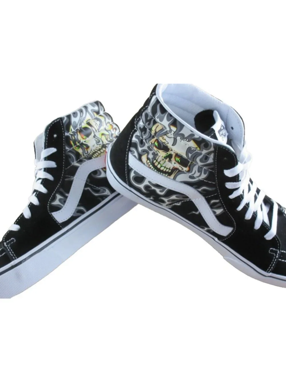 Vans Men's Sk8-Hi Flame Skull Black True White Canvas Suede shoes Size 11 NEW